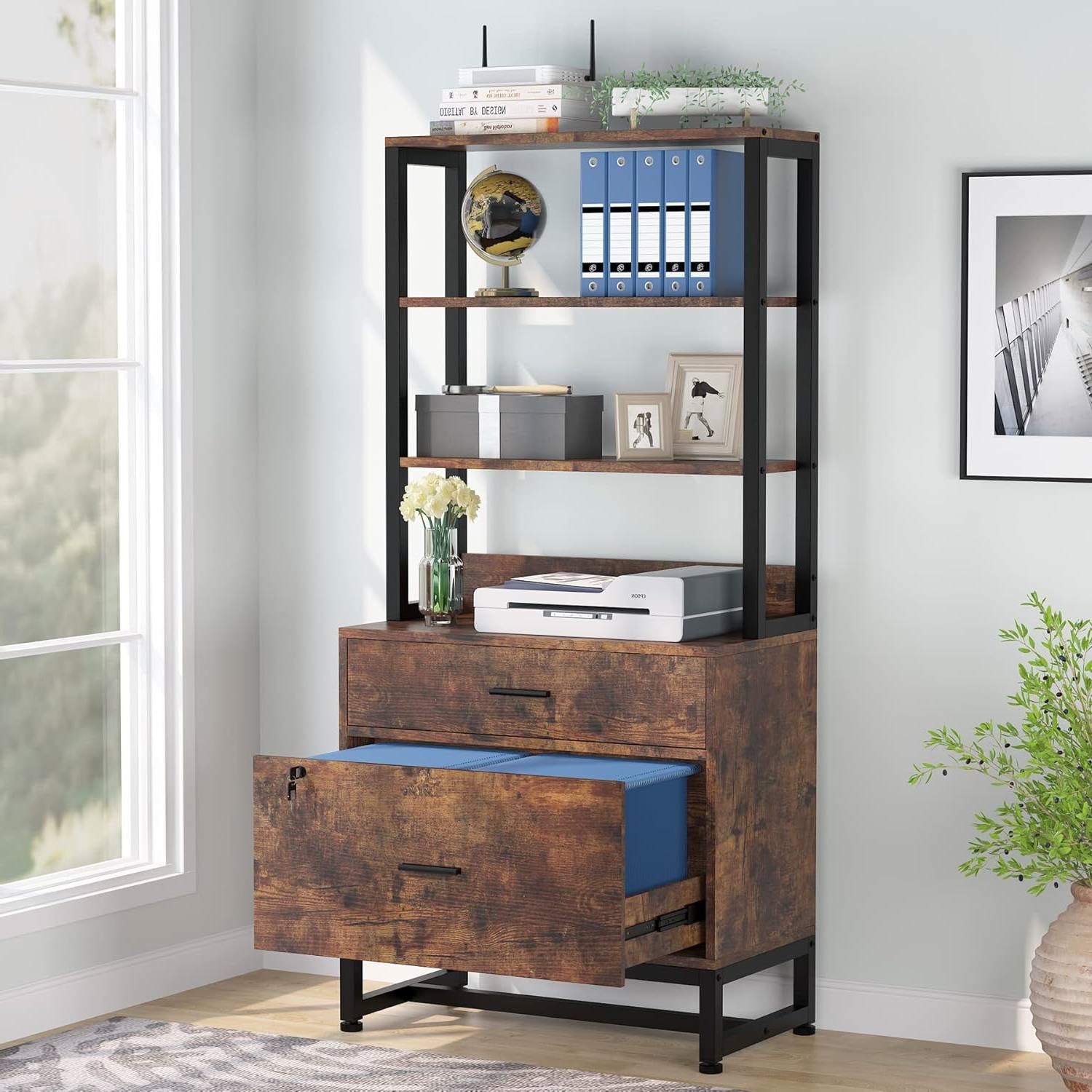 Home Office Lockable 2 Drawer Filing Cabinet Bookshelf in Brown Wood Finish - Tampa Home & Garden Store