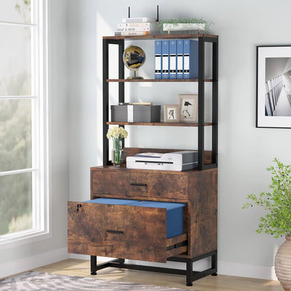Home Office Lockable 2 Drawer Filing Cabinet Bookshelf in Brown Wood Finish - Tampa Home & Garden Store