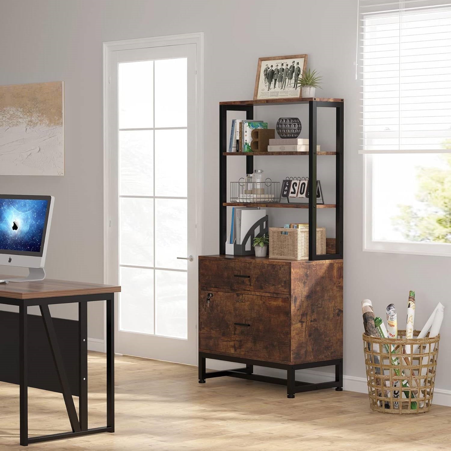 Home Office Lockable 2 Drawer Filing Cabinet Bookshelf in Brown Wood Finish - Tampa Home & Garden Store