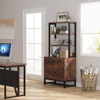 Home Office Lockable 2 Drawer Filing Cabinet Bookshelf in Brown Wood Finish - Tampa Home & Garden Store