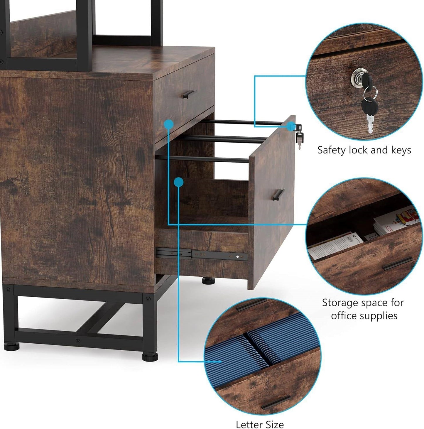 Home Office Lockable 2 Drawer Filing Cabinet Bookshelf in Brown Wood Finish - Tampa Home & Garden Store