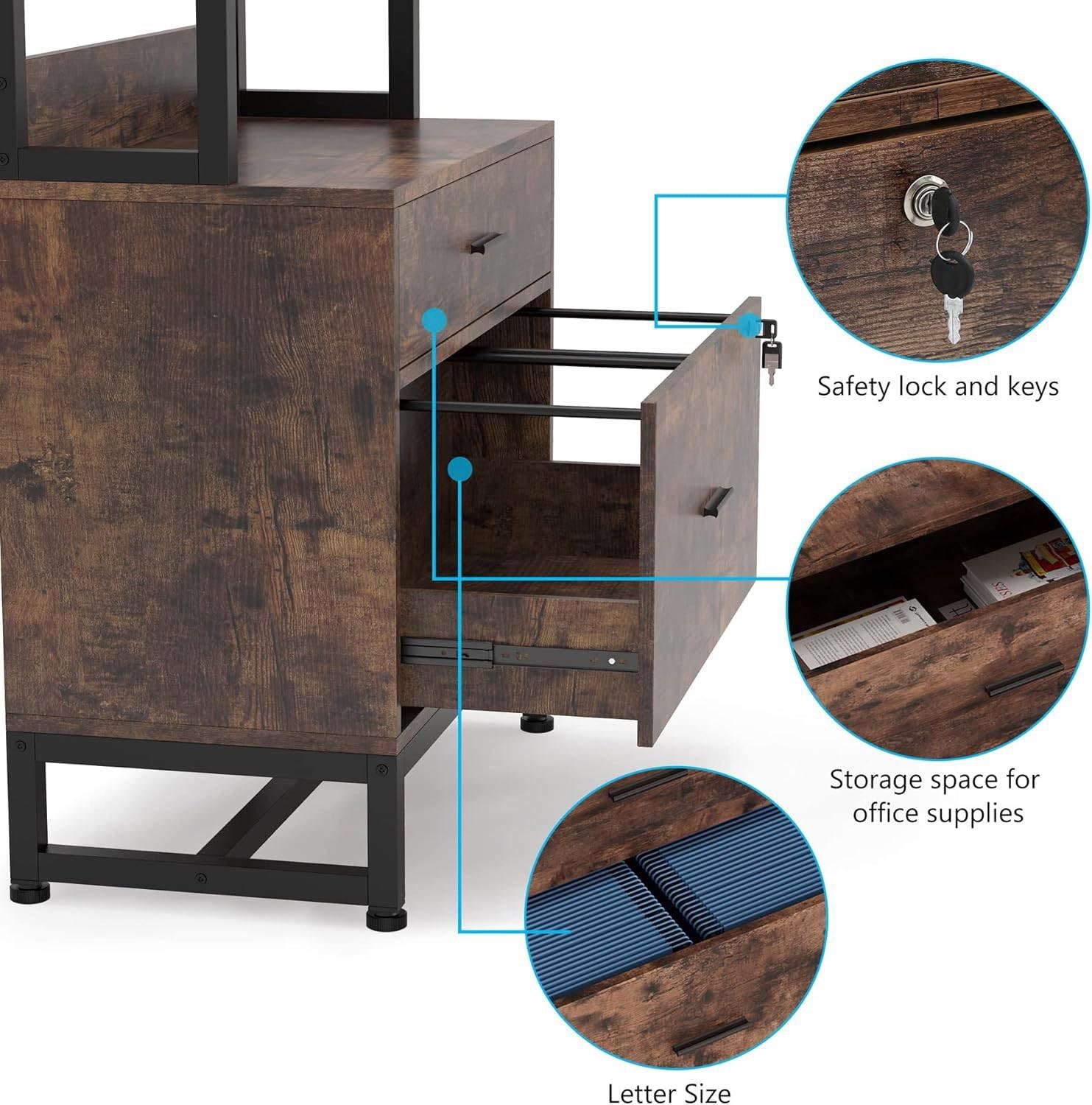 Home Office Lockable 2 Drawer Filing Cabinet Bookshelf in Brown Wood Finish - Tampa Home & Garden Store