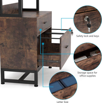 Home Office Lockable 2 Drawer Filing Cabinet Bookshelf in Brown Wood Finish - Tampa Home & Garden Store