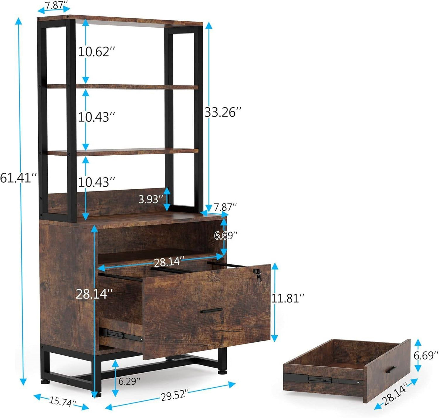 Home Office Lockable 2 Drawer Filing Cabinet Bookshelf in Brown Wood Finish - Tampa Home & Garden Store