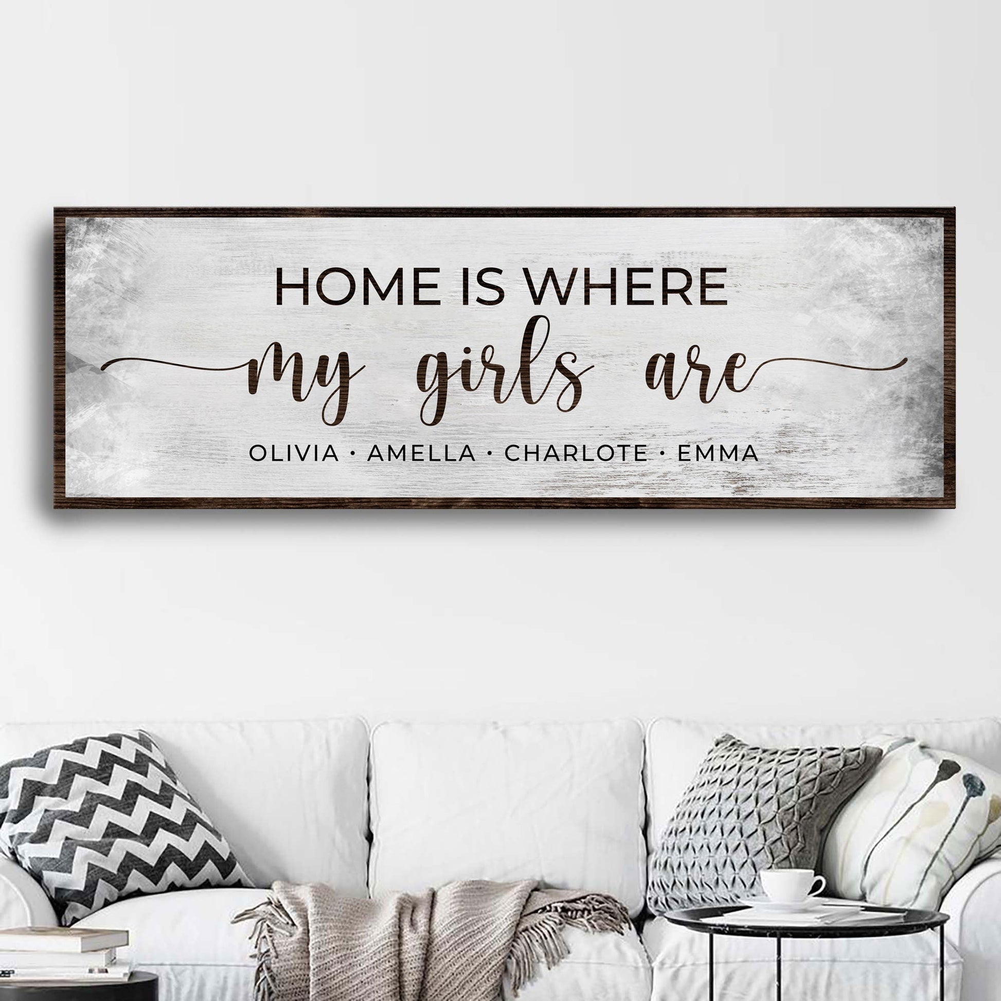 Home Is Where My Girls Are Sign II canvas with whitewashed background and dark wood frame on Tampa Home & Garden Store