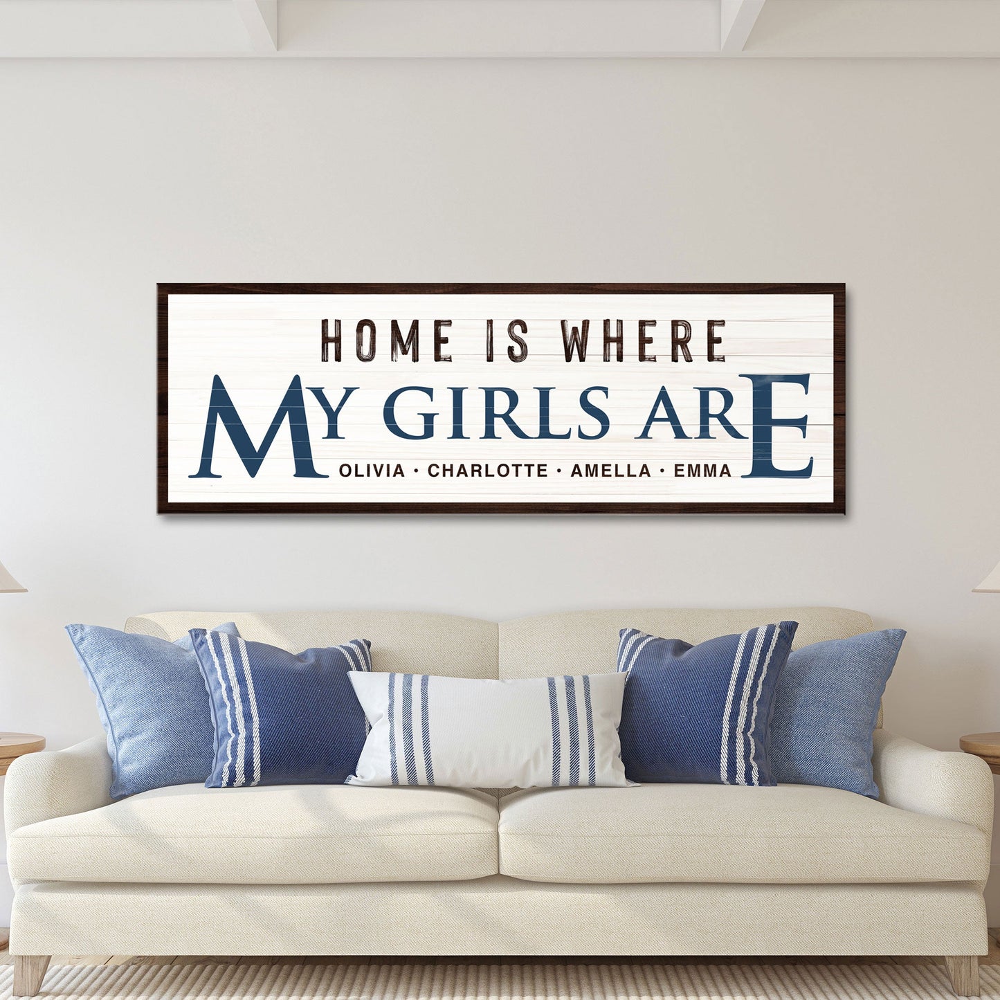 Home Is Where My Girls Are canvas sign on dark wood frame by Tailored Canvases crafting canvas on Tampa Home & Garden Store