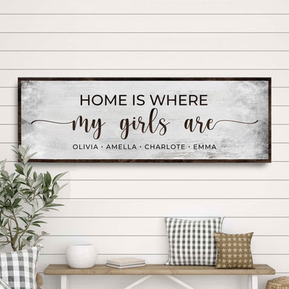 Home Is Where My Girls Are Sign II canvas with dark wood frame on white background on Tampa Home & Garden Store