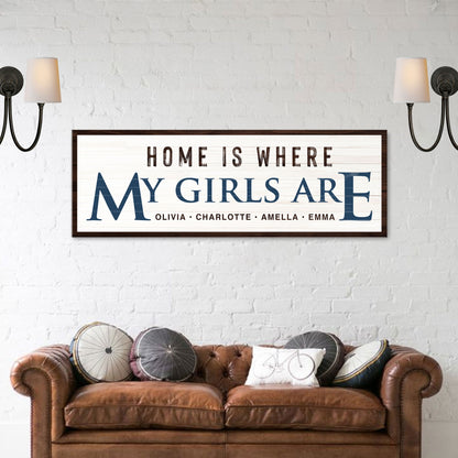 Tailored Canvases Home Is Where My Girls Are Sign III canvas with frame and navy lettering on Tampa Home & Garden Store