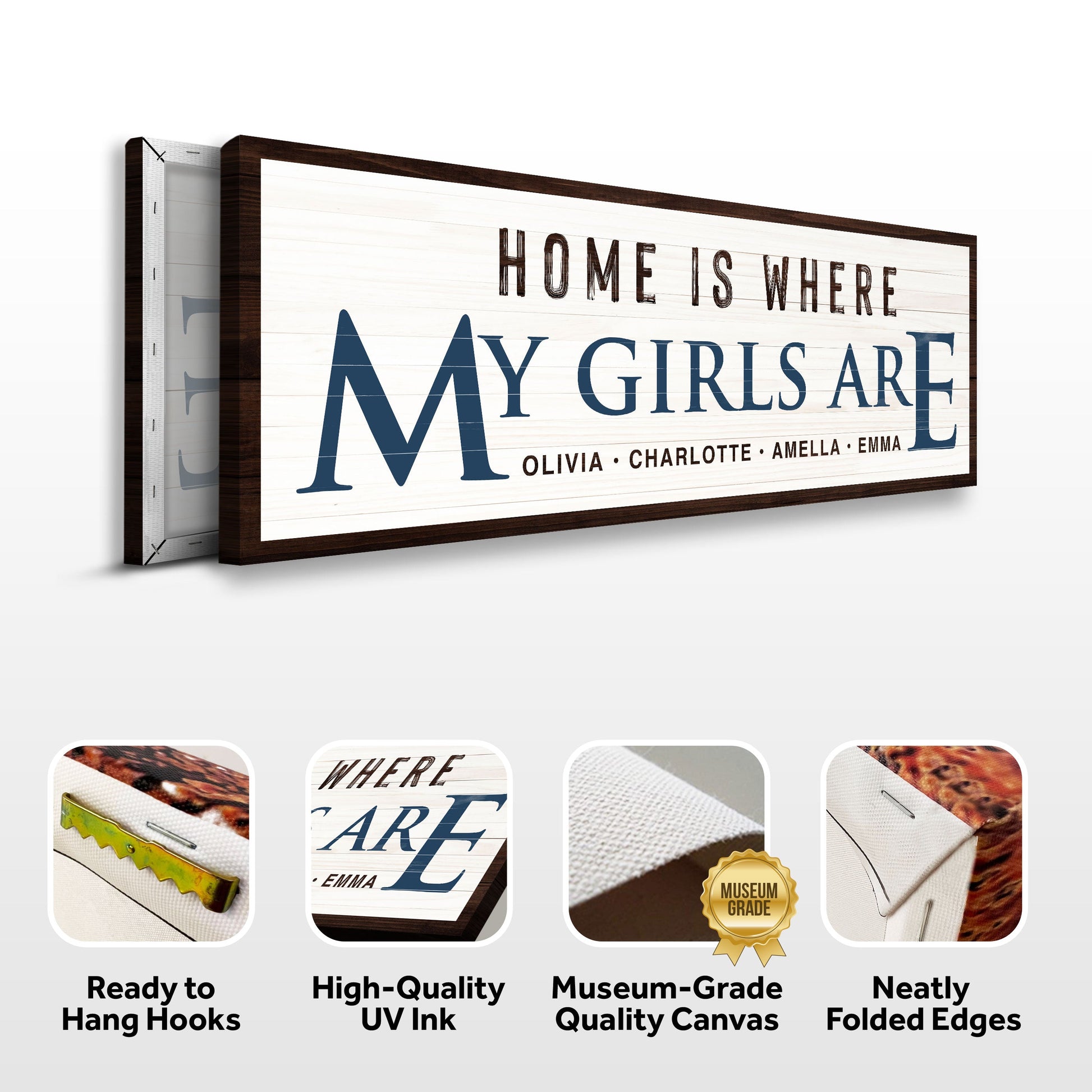 Canvas sign Home Is Where My Girls Are by Tailored Canvases, whitewashed panel with dark wood frame on Tampa Home & Garden Store