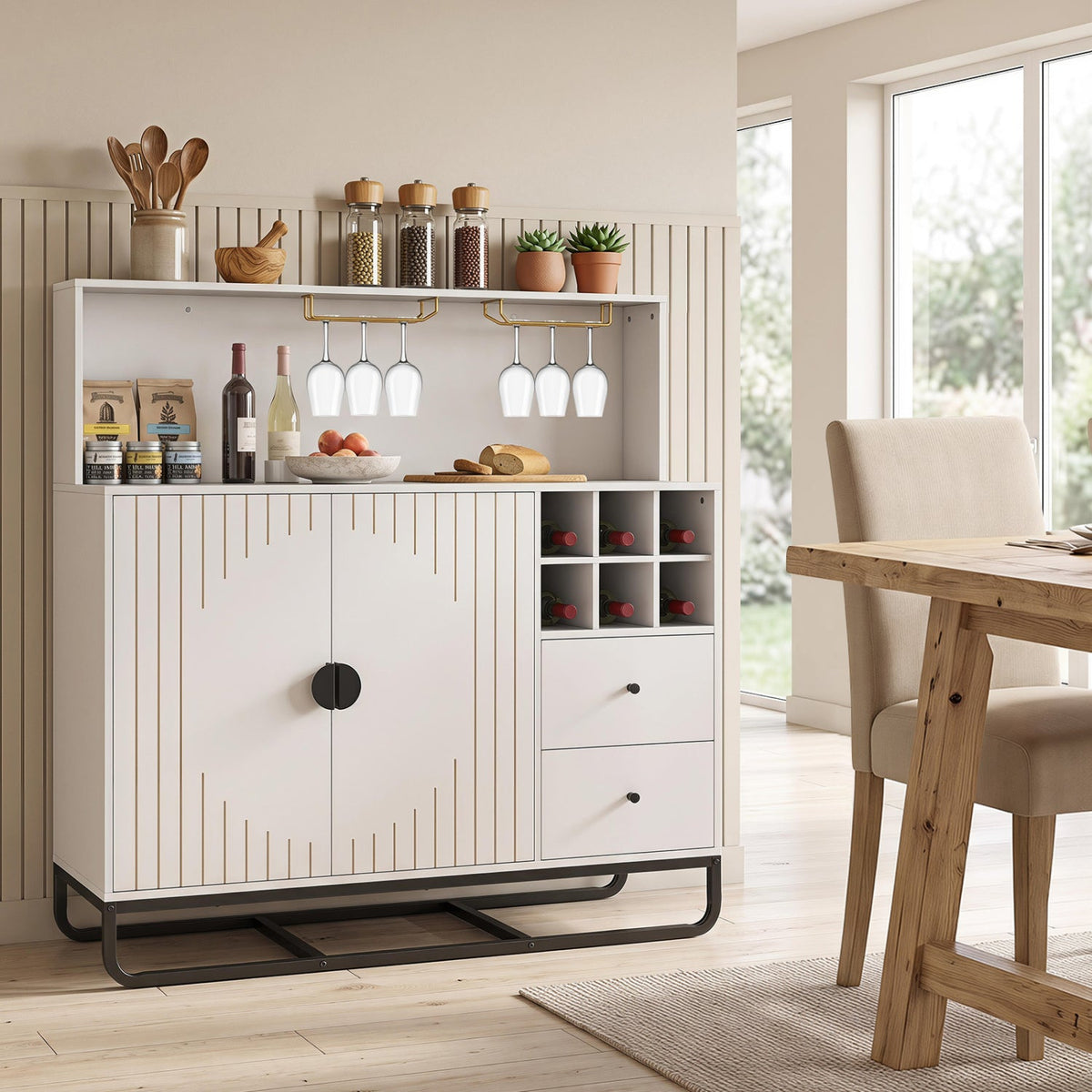 Bar cabinet with wine rack and glass holder, white with gold rack, DirectDeals 47in wide on Tampa Home & Garden Store