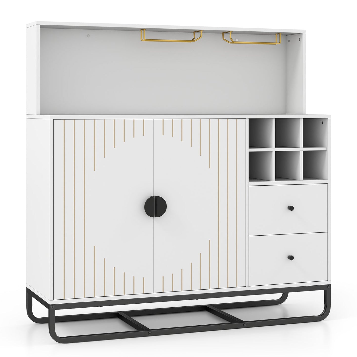 Bar cabinet by DirectDeals with wine rack and glass holder, white with gold vertical trim on Tampa Home & Garden Store
