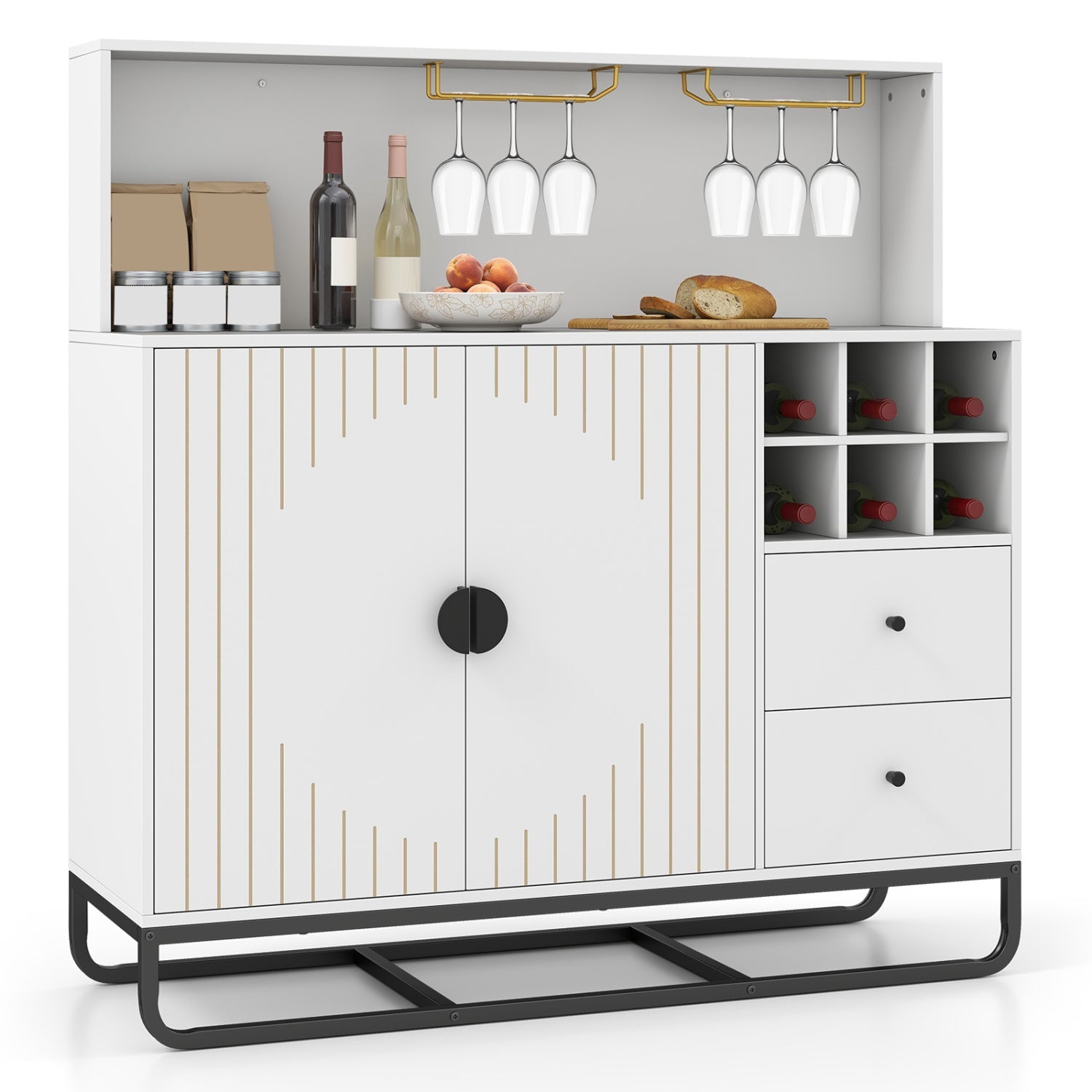 Bar cabinet 47-inch wide with wine rack and glass holder, white finish with gold glass rack on Tampa Home & Garden Store