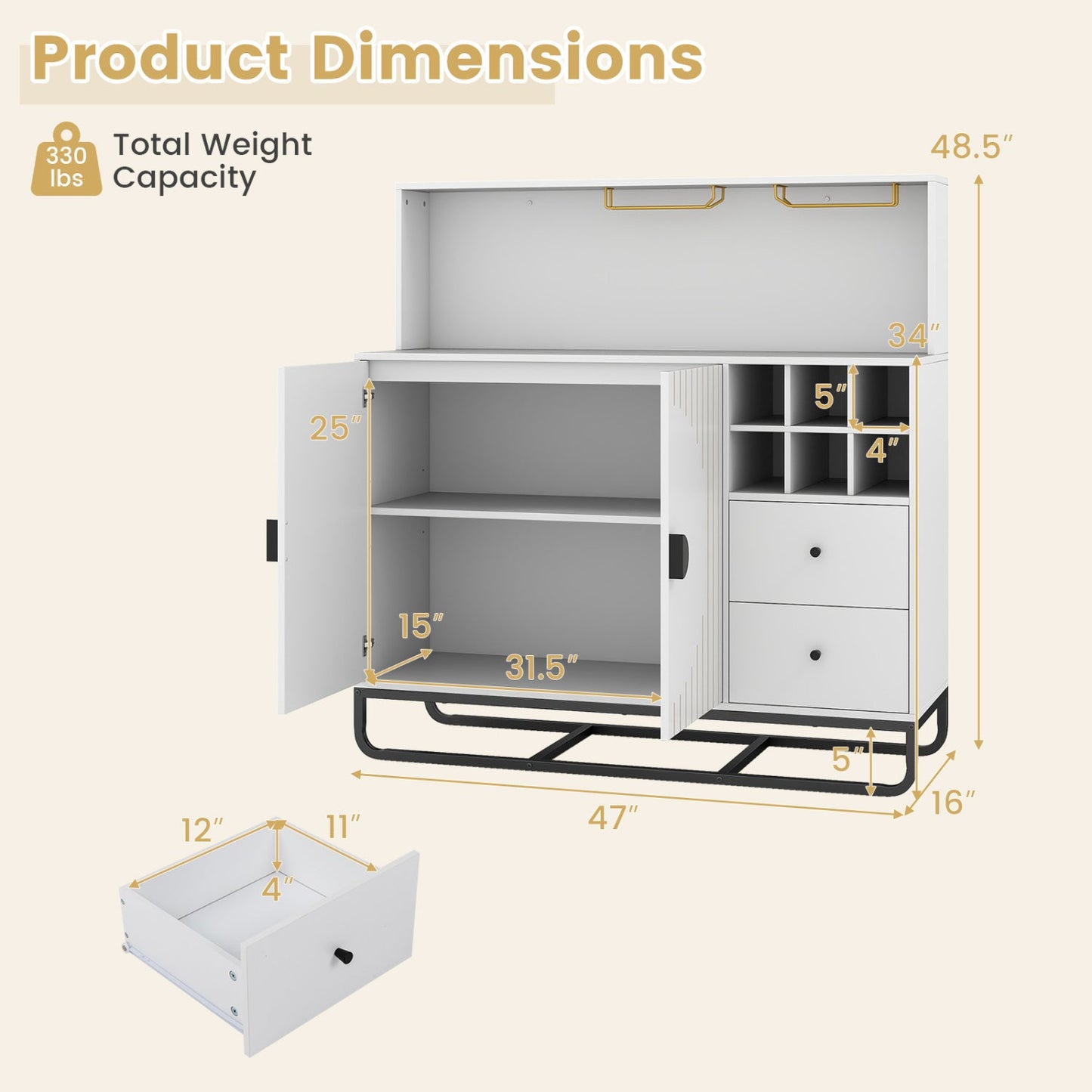 Bar cabinet with wine rack and glass holder in white, DirectDeals, 47" wide on Tampa Home & Garden Store