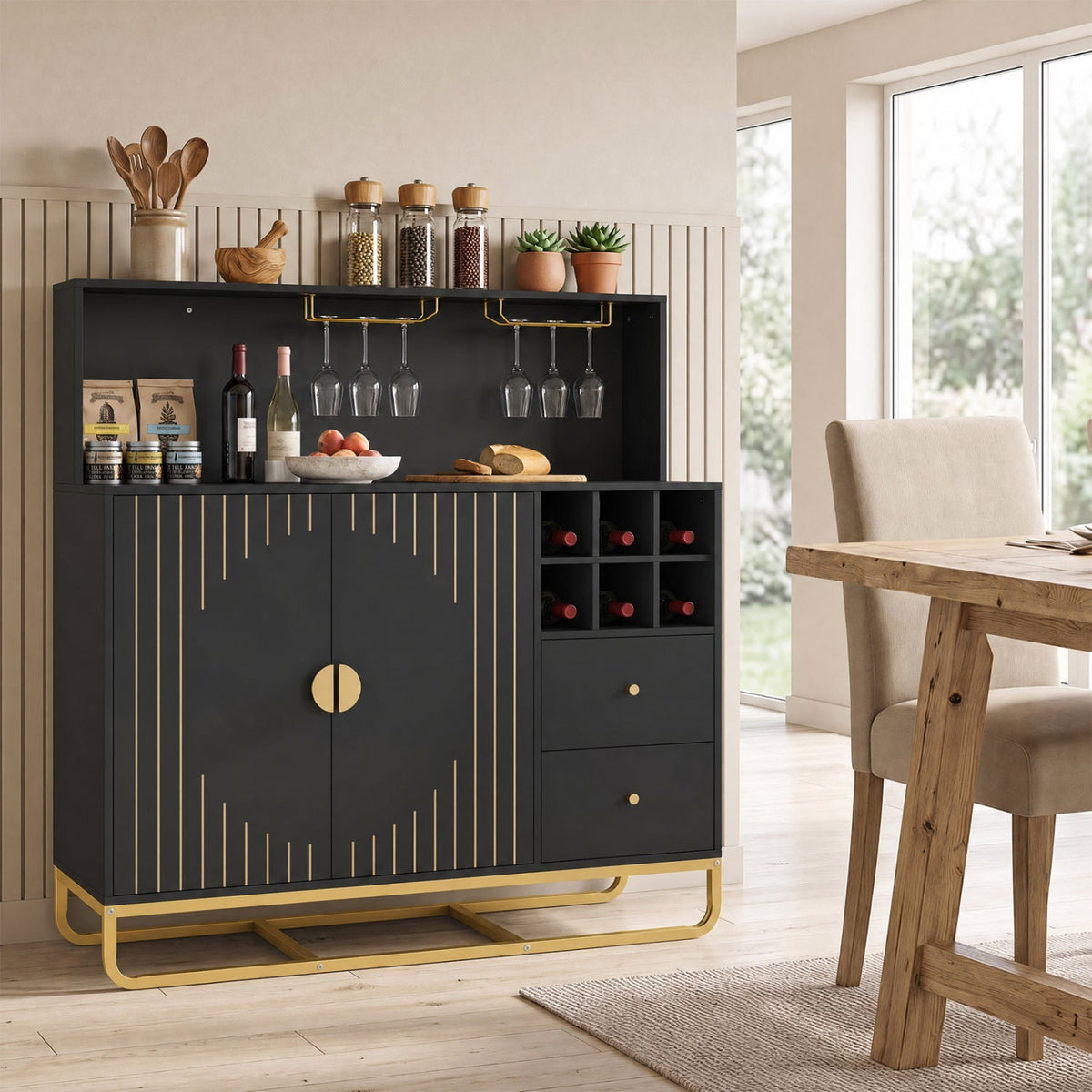 Bar cabinet with wine rack and glass holder, black finish with gold accents, DirectDeals on Tampa Home & Garden Store