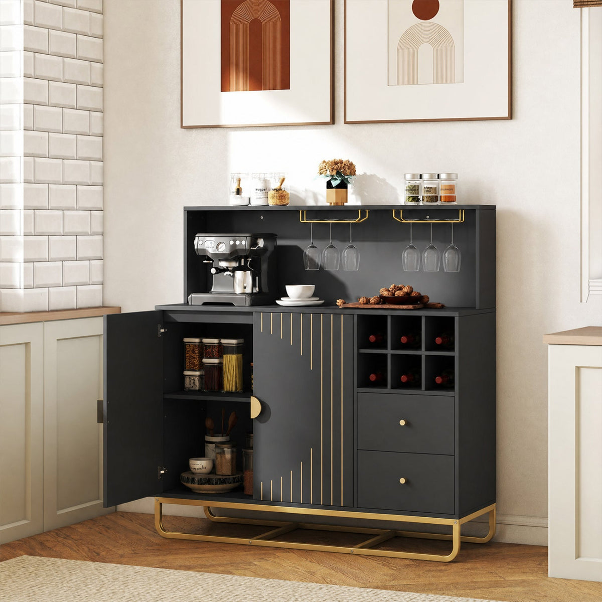 Bar Cabinet with Wine Rack and Glass Holder dark gray with gold trim DirectDeals 47in wide on Tampa Home & Garden Store