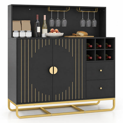 DirectDeals bar cabinet with wine rack and glass holder, black with gold accents, 47in wide on Tampa Home & Garden Store