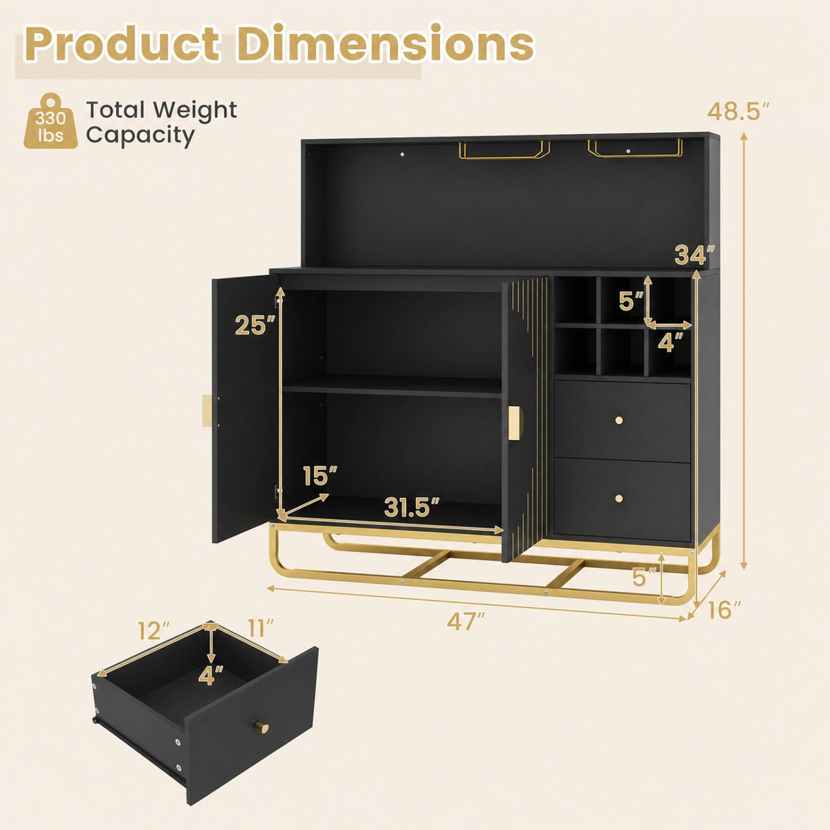 Bar cabinet with wine rack and glass holder, black with gold hardware DirectDeals on Tampa Home & Garden Store