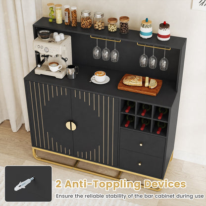 Bar cabinet with wine rack and glass holder in matte black with gold hardware, 47-inch wide on Tampa Home & Garden Store