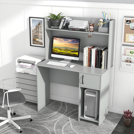 Home Office Desk with Raised Display Shelf and 2 Open Shelves-Gray - Tampa Home & Garden Store