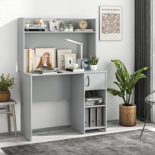 Home Office Desk with Raised Display Shelf and 2 Open Shelves-Gray - Tampa Home & Garden Store