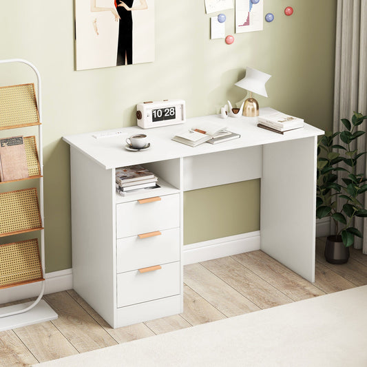 Home Office Desk with Power Outlet 3 Storage Drawers and Open Compartment-White - Tampa Home & Garden Store