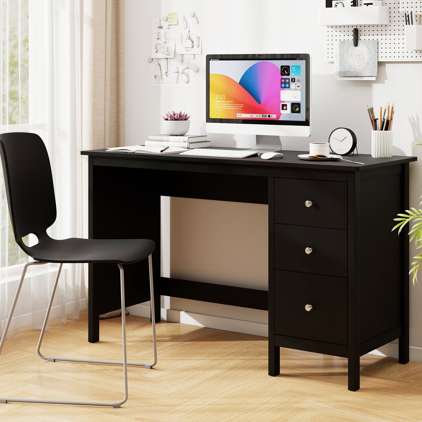 Escritorio de estudio para oficina en casa de 3 cajones con superficie espaciosa - Negro