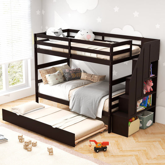 Home Wood Bunk Bed with Guard Rail and 4-step Storage Stairs No Box Spring Needed - Tampa Home & Garden Store