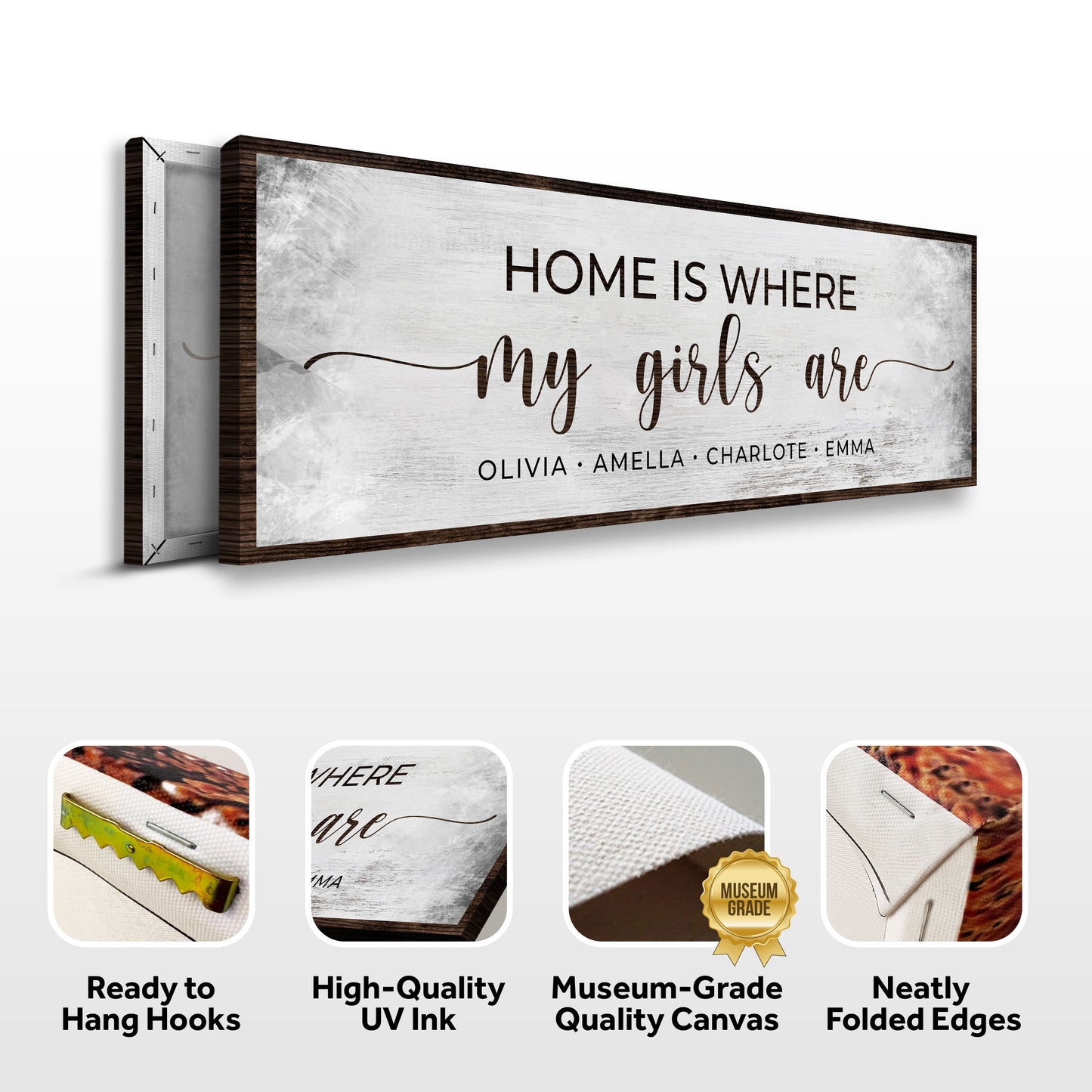 Home Is Where My Girls Are Sign II canvas rustic whitewashed with dark wood frame on Tampa on Tampa Home & Garden Store
