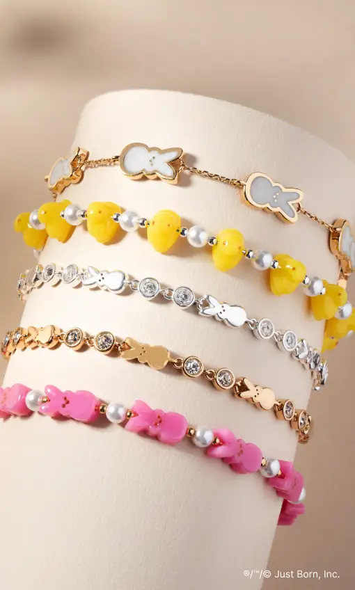 PEEPS Pearlized Bunny Charm Bracelet stack in gold with yellow bunny beads by ALEX AND ANI on Tampa Home & Garden Store