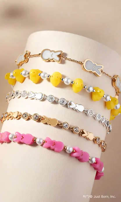 PEEPS Pearlized Bunny Charm Bracelet stack in gold with yellow bunny beads by ALEX AND ANI on Tampa Home & Garden Store