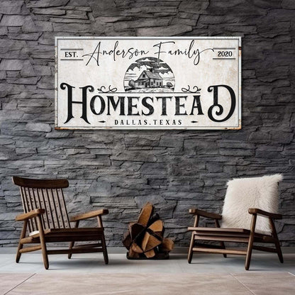 Homestead Sign XII canvas by Tailored Canvases on rustic beige backdrop with vintage typography on Tampa Home & Garden Store