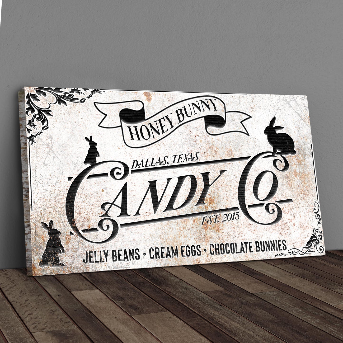 Honey Bunny Candy Company Sign canvas with script distressed finish Tailored Canvases on Tampa Home & Garden Store