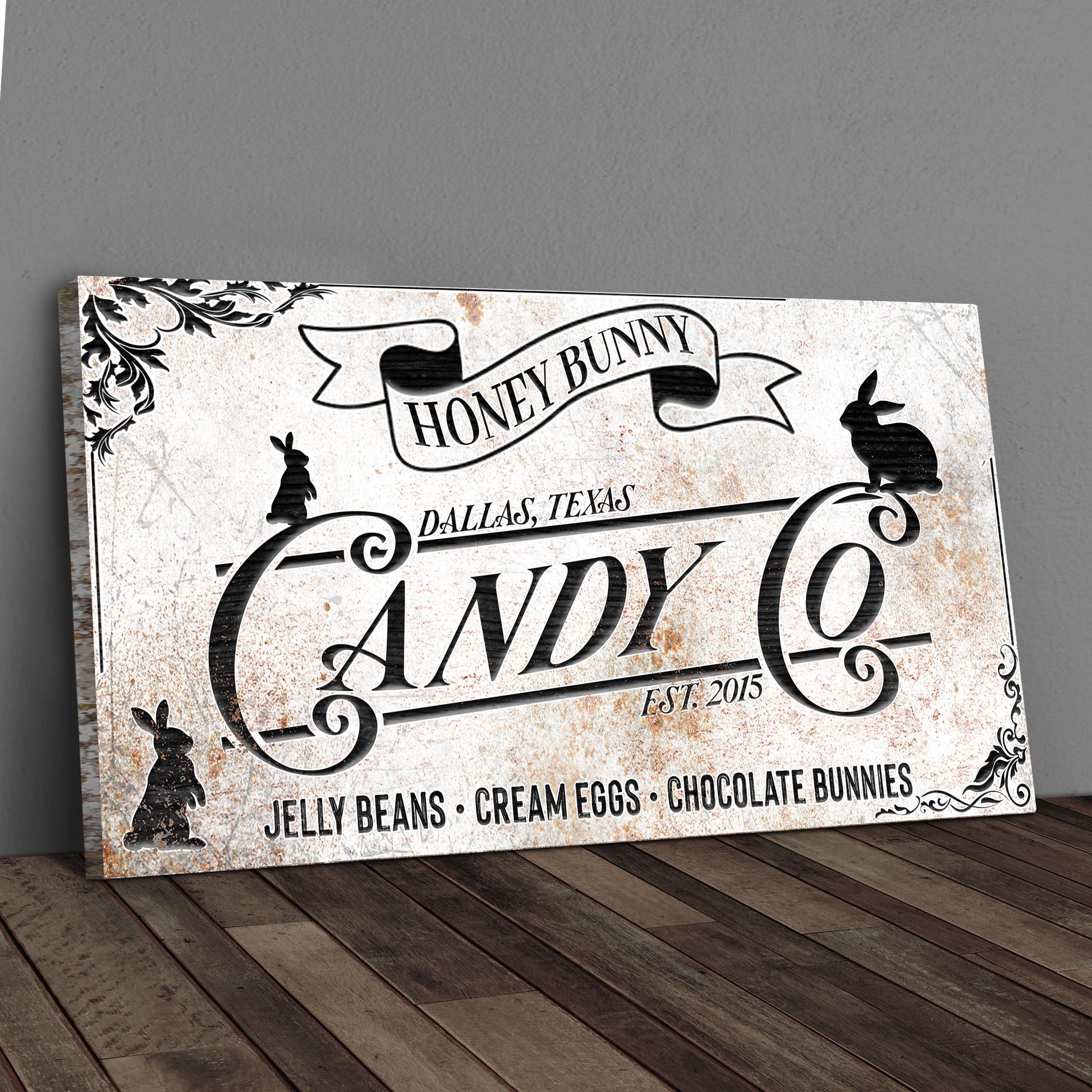 Honey Bunny Candy Company Sign canvas with script distressed finish Tailored Canvases on Tampa Home & Garden Store