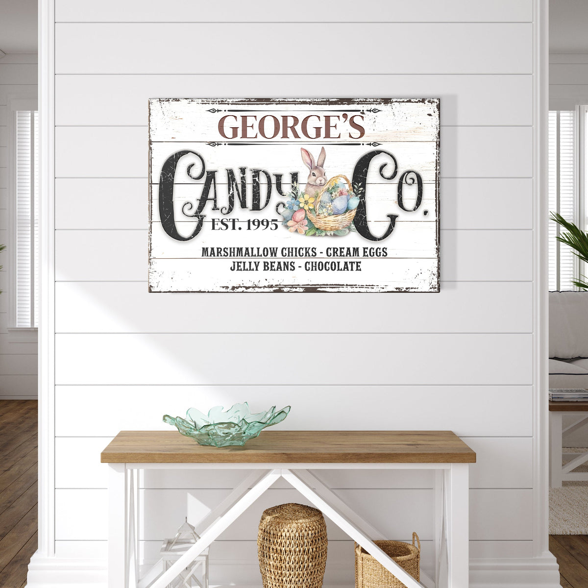 Honey Bunny Candy Company Sign II canvas with distressed white wood and bunny motif on Tampa Home & Garden Store