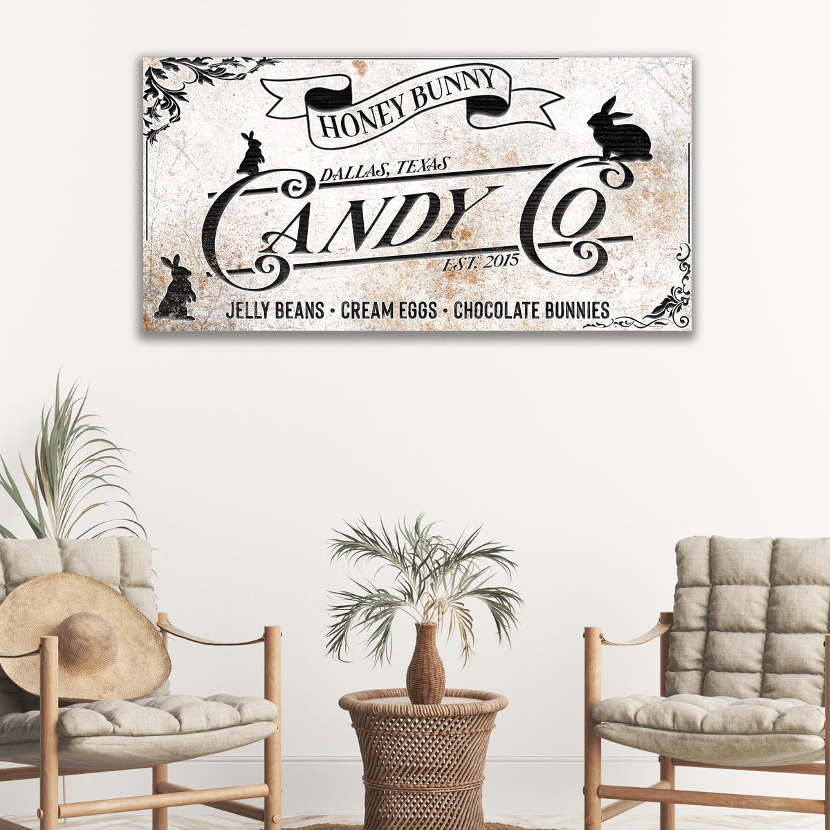 Honey Bunny Candy Company Sign canvas by Tailored Canvases with scrollwork and rabbit silhouettes on Tampa Home & Garden Store