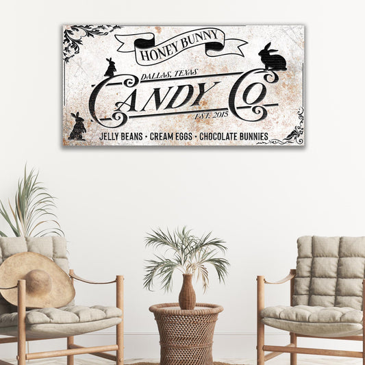 Honey Bunny Candy Company Sign canvas by Tailored Canvases with scrollwork and rabbit silhouettes on Tampa Home & Garden Store