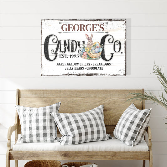 Honey Bunny Candy Company Sign II canvas by Tailored Canvases with white wood and bunny on Tampa Home & Garden Store