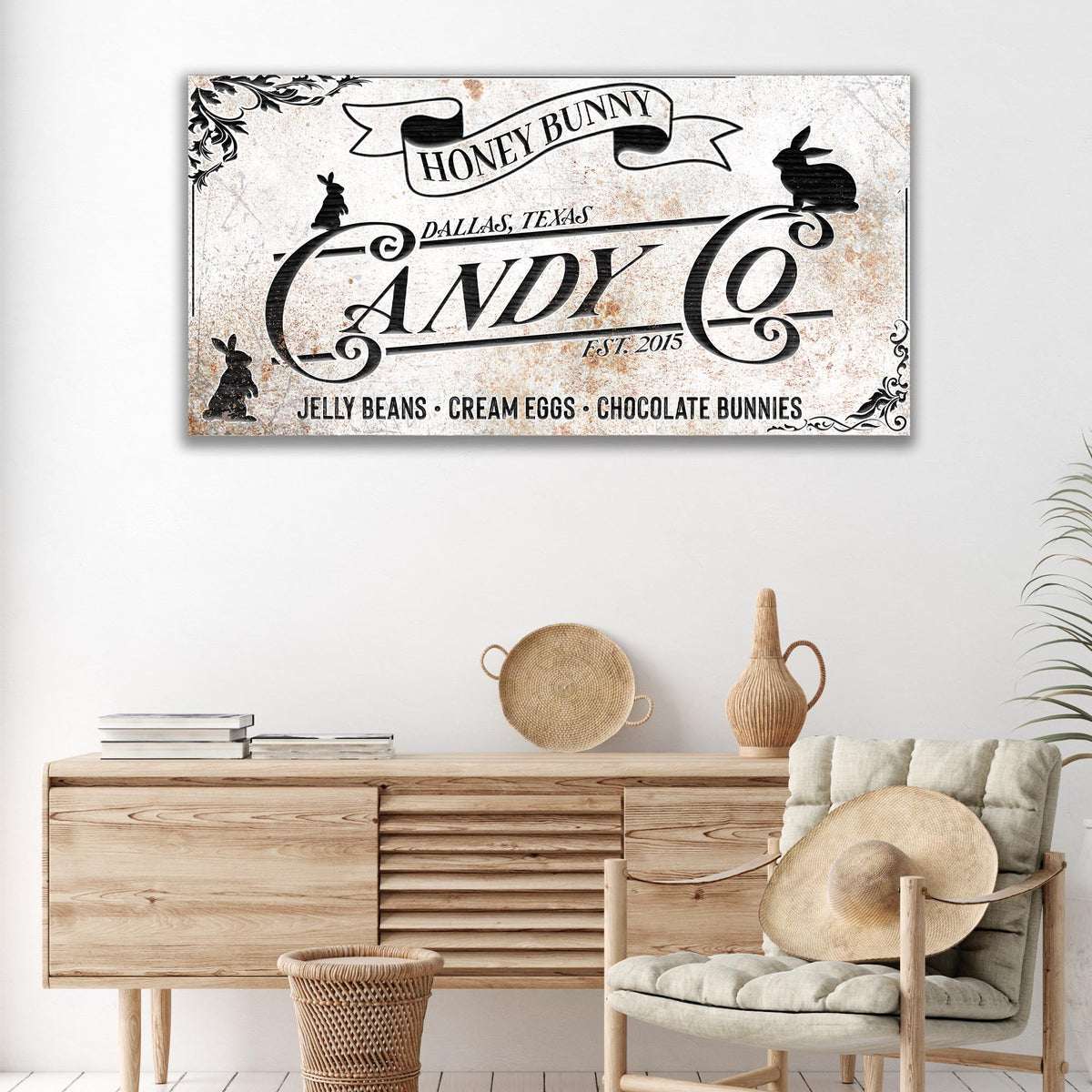 Honey Bunny Candy Company Sign canvas by Tailored Canvases with vintage cream backdrop on Tampa Home & Garden Store