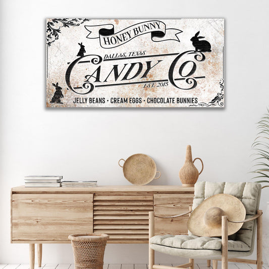 Honey Bunny Candy Company Sign canvas by Tailored Canvases with vintage cream backdrop on Tampa Home & Garden Store