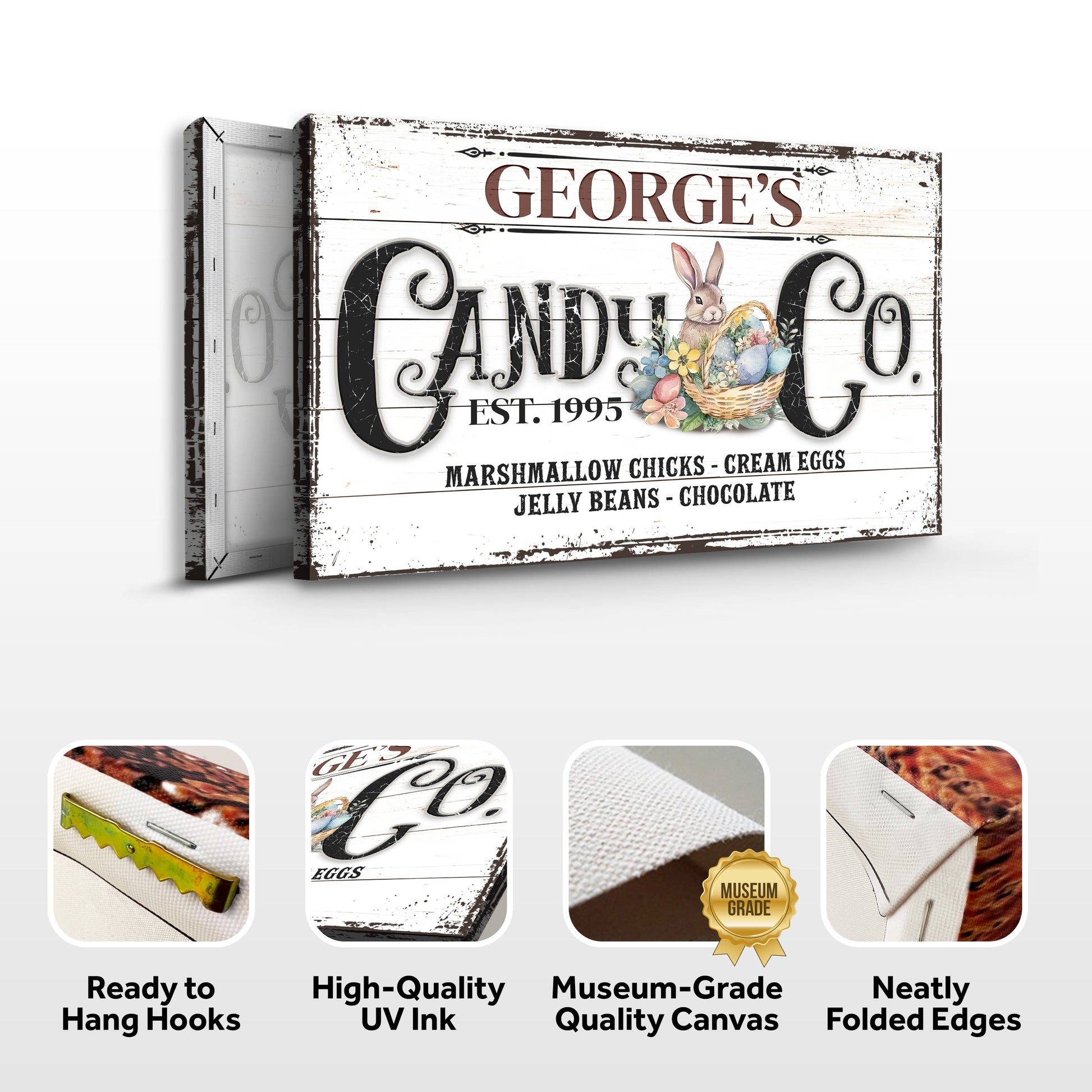 Honey Bunny Candy Company Sign II canvas with white wood bunny and eggs Tailored Canvases on Tampa Home & Garden Store