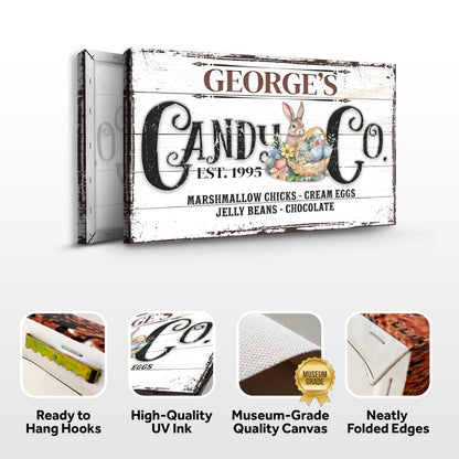 Honey Bunny Candy Company Sign II canvas with white wood bunny and eggs Tailored Canvases on Tampa Home & Garden Store