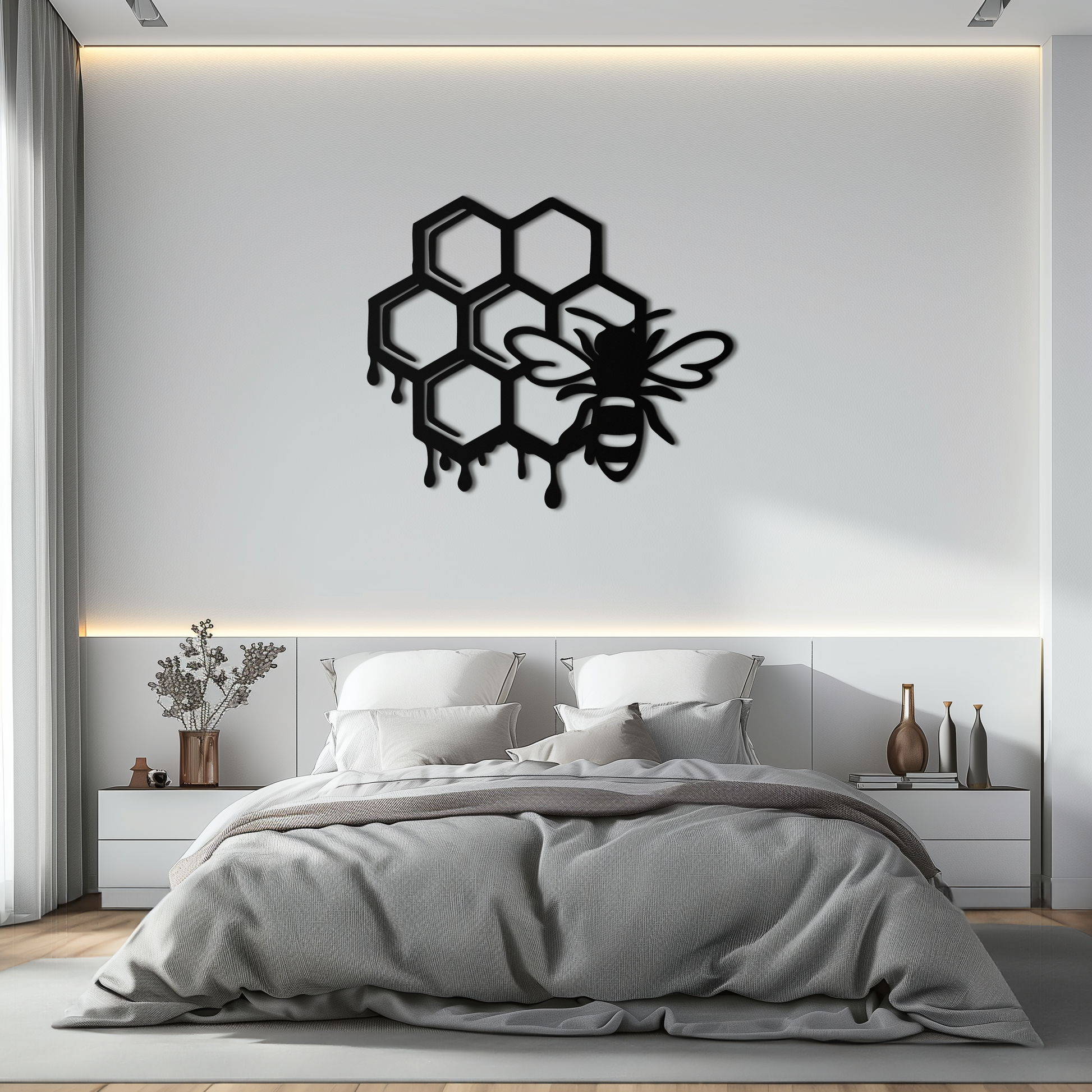 Honeybee and Honeycomb Silhouette Metal Wall Art – Modern Bee Home Decor- KAF543 - Tampa Home & Garden Store