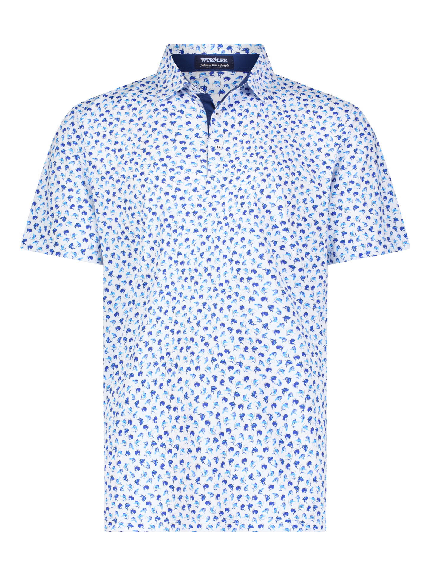 Hooked Up Polo by White Water Life, white polo with blue dolphin print and navy collar on Tampa Home & Garden Store