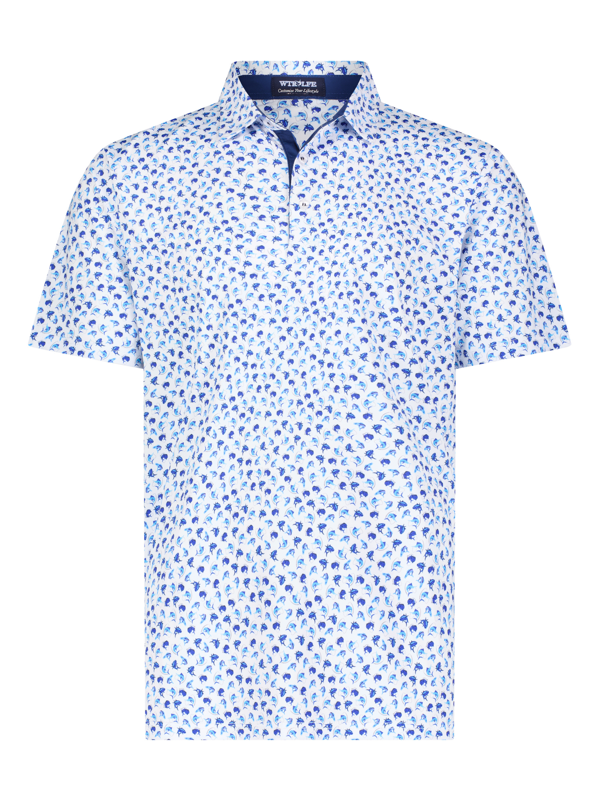 Hooked Up Polo by White Water Life, white polo with blue dolphin print and navy collar on Tampa Home & Garden Store