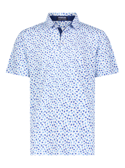 Hooked Up Polo by White Water Life, white polo with blue dolphin print and navy collar on Tampa Home & Garden Store