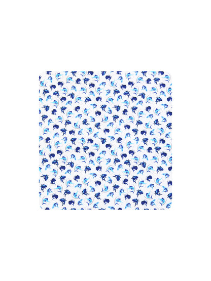 Hooked Up Performance Polo fabric featuring blue manta ray print on white by White Water Life on Tampa Home & Garden Store