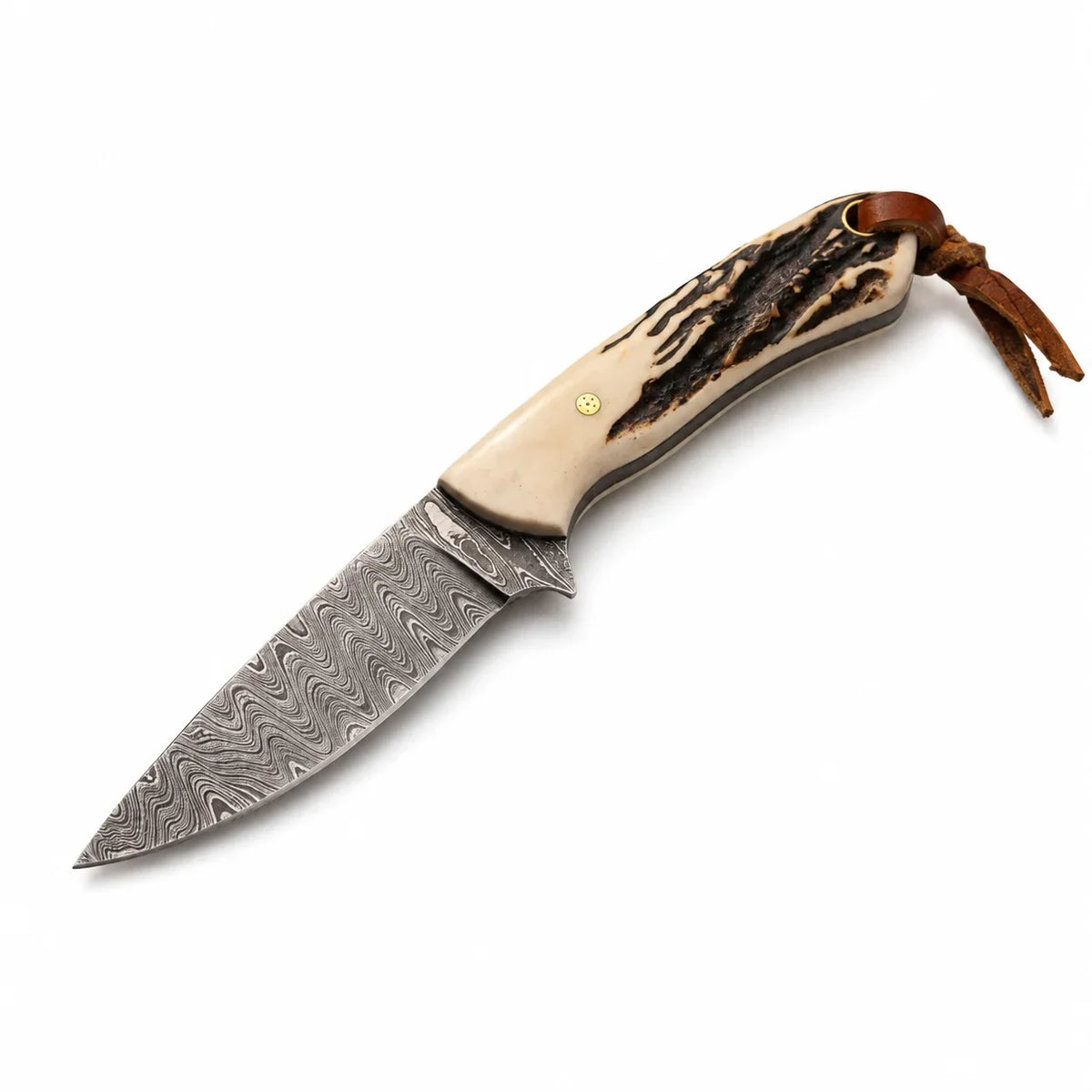 Horizontal Carry Western Knife by Frontier Cowboy Gear with Damascus blade and antler handle on Tampa Home & Garden Store