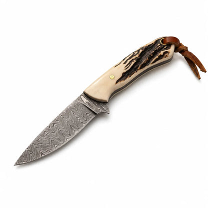 Horizontal Carry Western Knife by Frontier Cowboy Gear with Damascus blade and antler handle on Tampa Home & Garden Store
