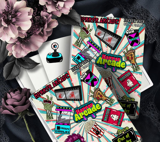 Horror Arcade Sticker Sheet – Creepy Tokens, Haunted Games & Retro Gore Galore - Tampa Home & Garden Store