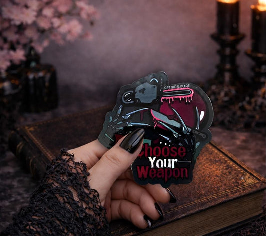 Horror Junkie Weapons, Waterproof Die Cut Sticker, Choose Between Glossy or Holographic, Perfect to Add Retro & Vintage Fun to any Surface - Tampa Home & Garden Store